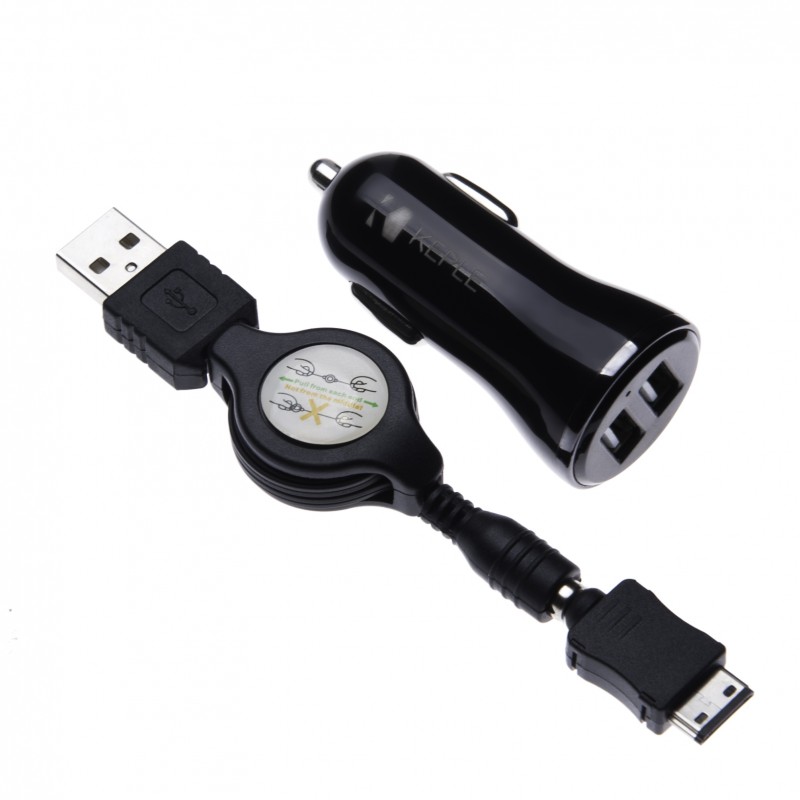 In Car Charger for Samsung B210 / B2100 Solid Extreme / B2700 / B300 / B3210 CorbyTXT Phone Dual USB 2.4A 12V & 24V + Retractable 2.6 ft / 0.8 m G600 Connector Charging Cable lead Cord a