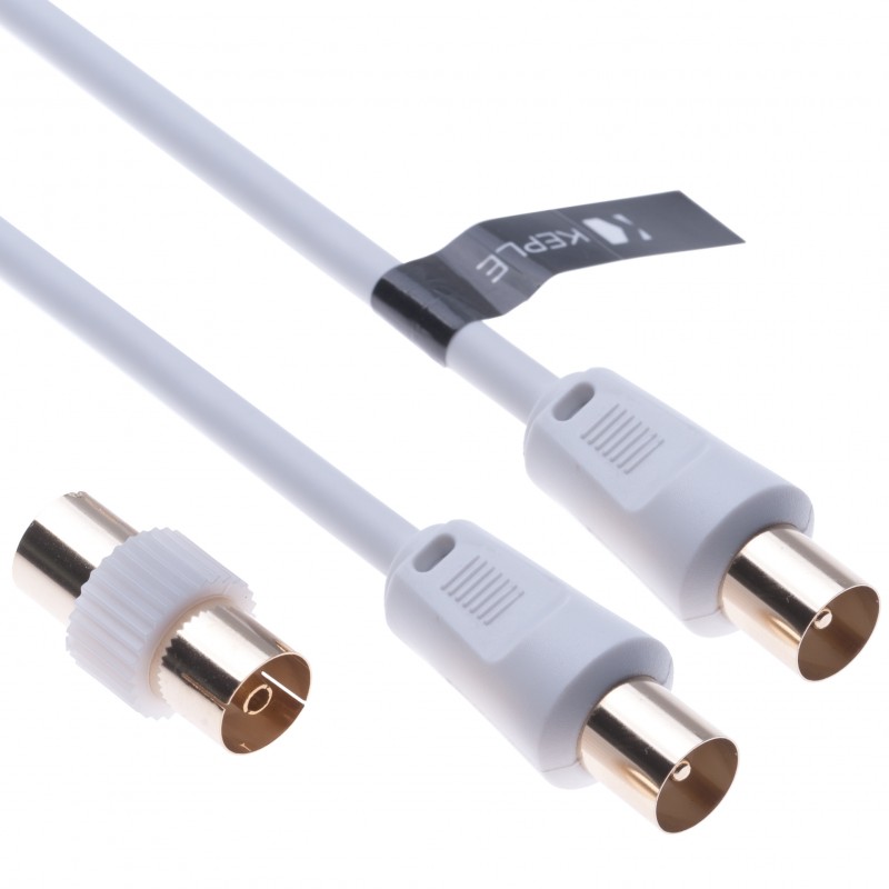 TV Aerial Cable Coaxial Extension Lead Freesat Recorder  Male to Male Plug with Female Adapter Coupler for TV DVD VCR SKY Virgin, BT, TV Box, Satellite Antenna  Splitter White 1.0m
