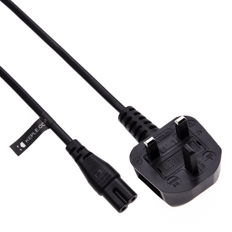 Power Cable UK Type Plug with 3A Fuse - IEC C7 Connector H03VVH2-F 0.75MM2*2C, Black - 2m